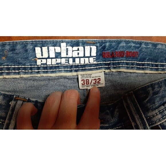 Y2K Urban Pipeline Jeans Distressed Denim Cotton Blue Relaxed FLAP Pocket 38x32 - Picture 5 of 6